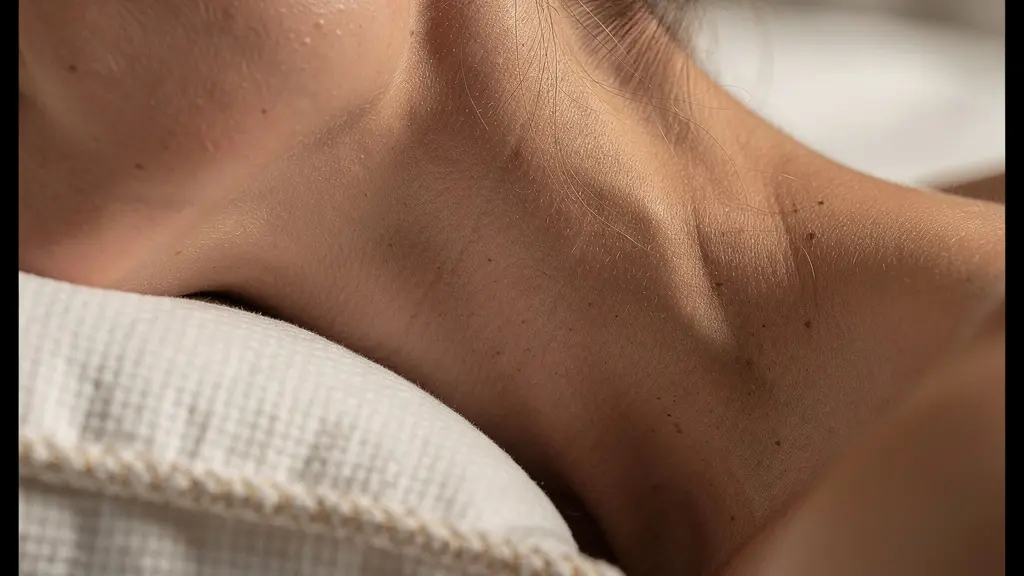 Profil d'une personne allongée montrant l'alignement parfait de la colonne cervicale