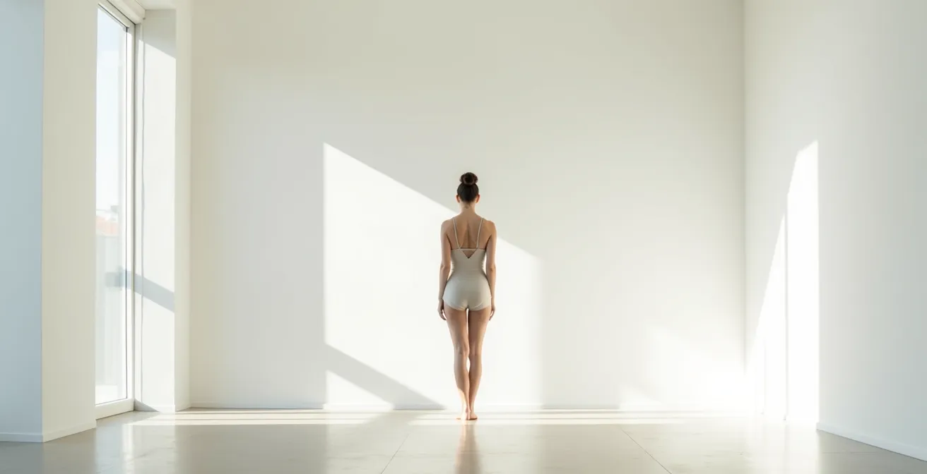 Personne debout montrant l'alignement postural optimal dans un espace épuré
