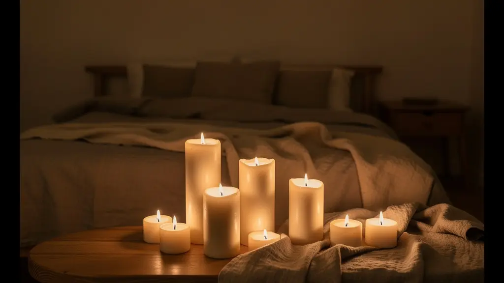 Ambiance chaleureuse avec bougies et éclairage tamisé pour la routine du soir