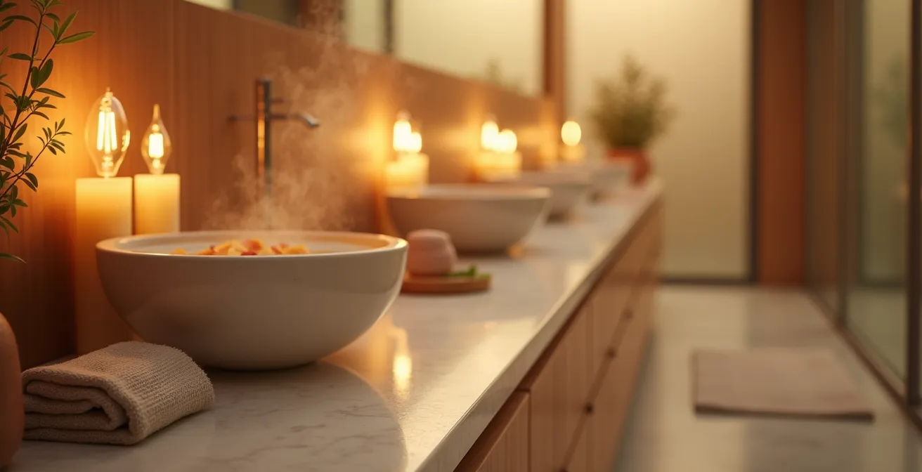 Salle de bain baignée dans une lumière ambrée douce avec bougies et atmosphère apaisante