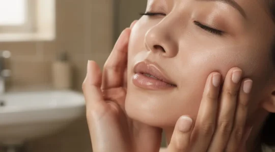 Femme appliquant un sérum visage avec des gestes de pression délicats sur les joues