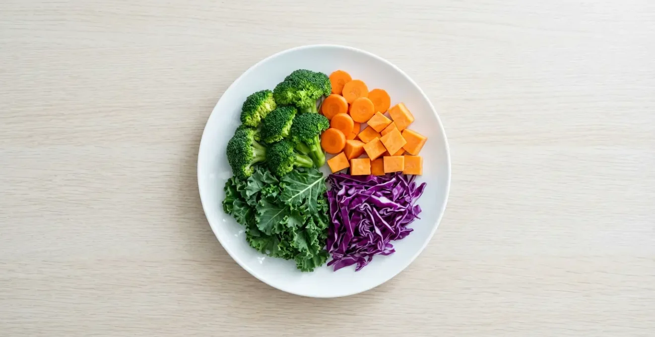 Vue aérienne d'une assiette composée avec légumes colorés et proportions équilibrées