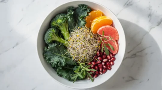 Assiette détox colorée avec légumes frais, graines et herbes aromatiques vue de dessus