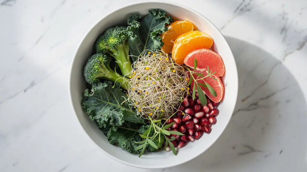 Assiette détox colorée avec légumes frais, graines et herbes aromatiques vue de dessus