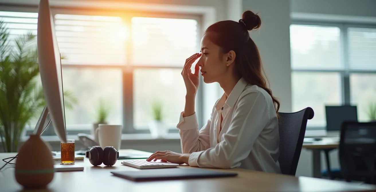 Environnement de bureau zen avec personne pratiquant un auto-massage discret