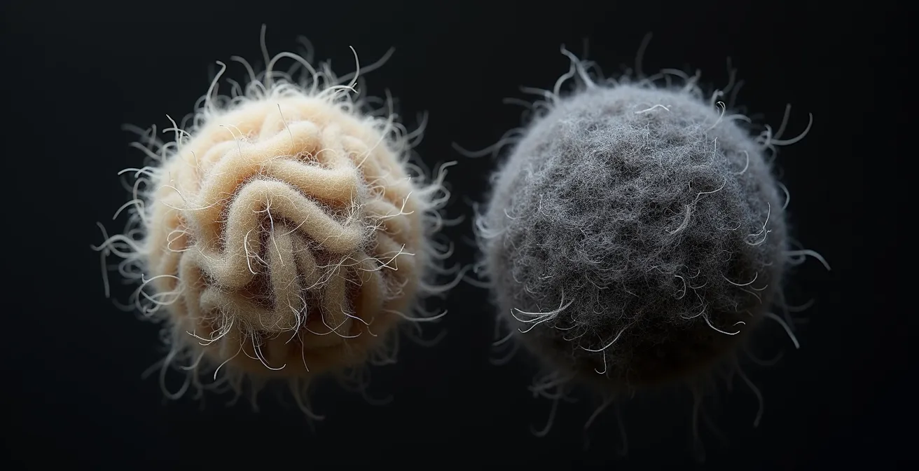 Vue microscopique comparative des fibres de Mérinos et polyester technique
