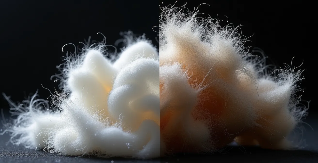 Vue macro comparative des fibres de soie et de coton sans texte visible
