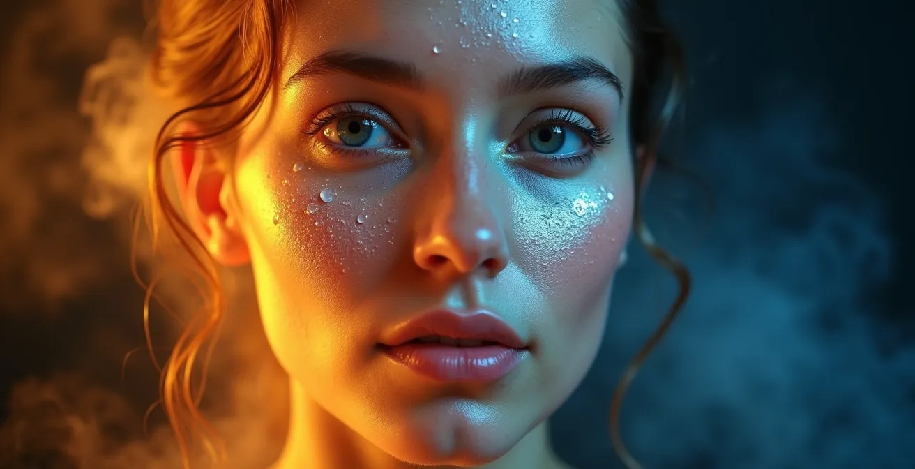 Visage divisé visuellement entre effet chaud et froid montrant la vasodilatation et vasoconstriction