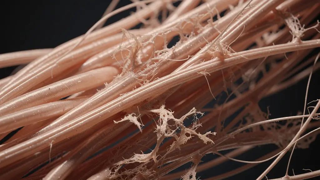 Coupe microscopique de peau montrant les fibres de collagène en dégradation