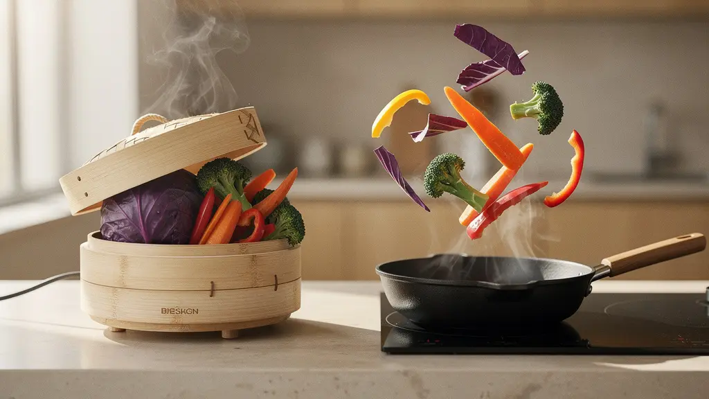 Légumes colorés cuits à la vapeur et au wok avec textures vibrantes pour une beauté naturelle