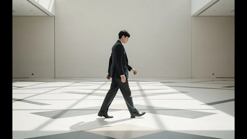 Silhouette en mouvement montrant une démarche fluide et élégante avec dissociation du bassin