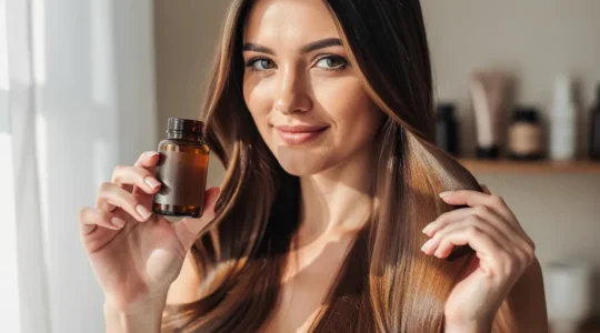 Femme tenant un complément de biotine avec des cheveux brillants et des ongles soignés