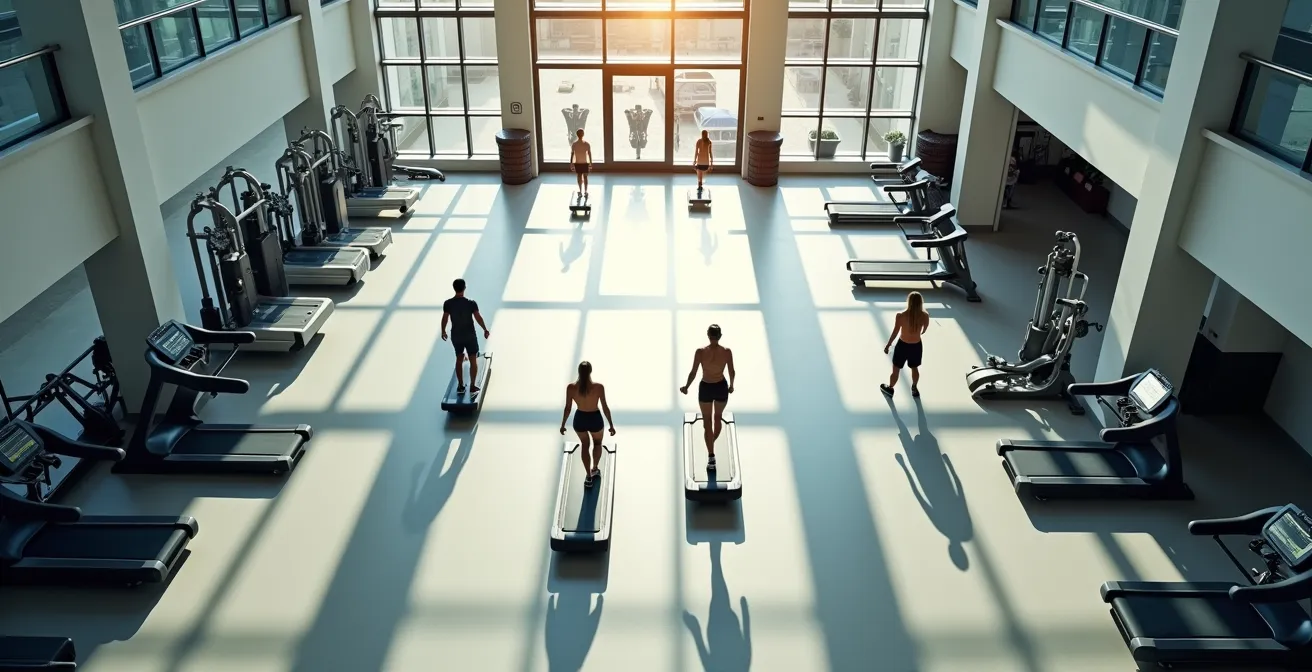 Vue aérienne d'une salle de sport montrant zones cardio et musculation avec pratiquants