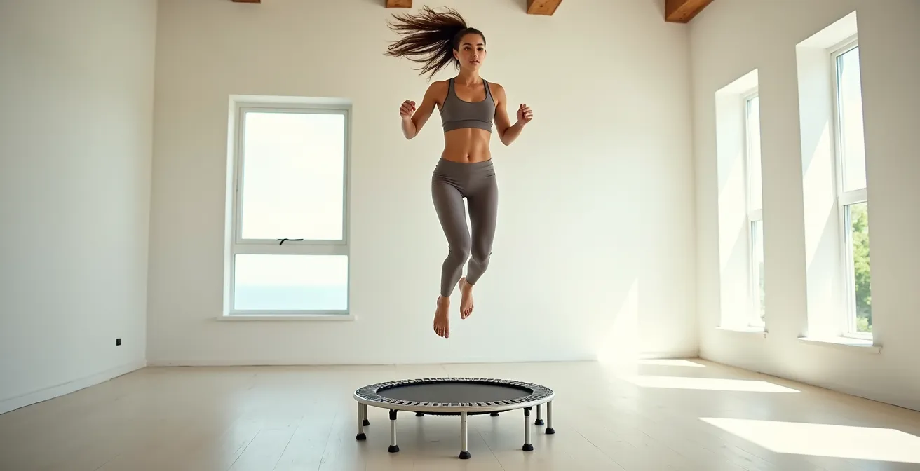 Femme pratiquant le rebounding sur mini-trampoline avec effet de mouvement dynamique