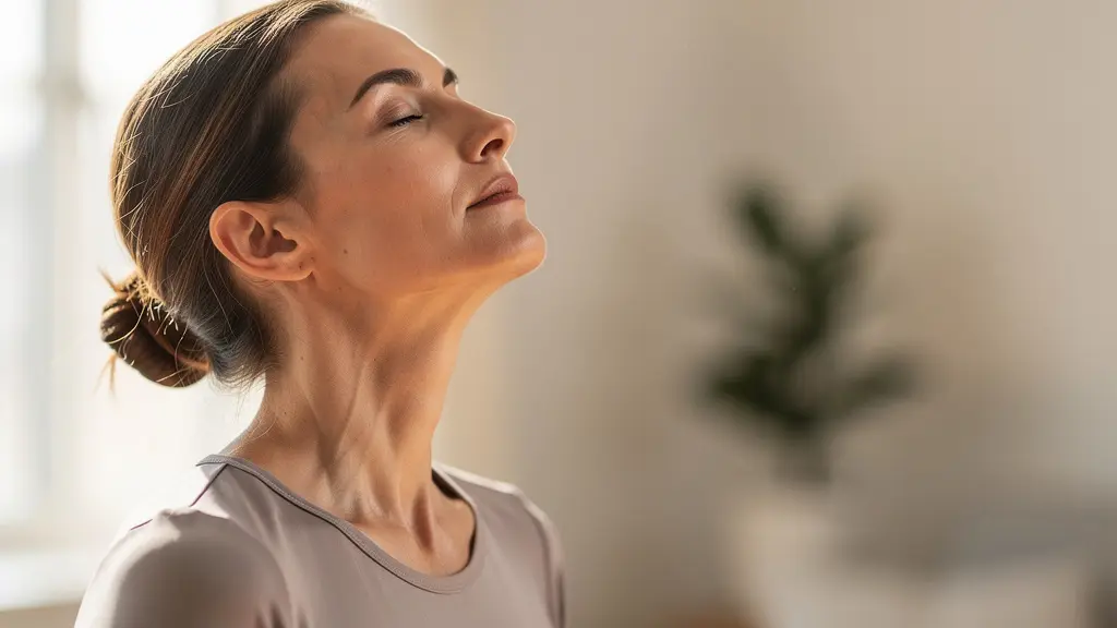 Femme pratiquant des exercices d'étirement du cou dans un environnement lumineux et apaisant
