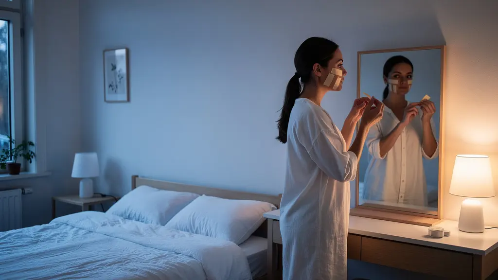 Application de bandes de kinesio tape sur le visage pour un effet liftant nocturne