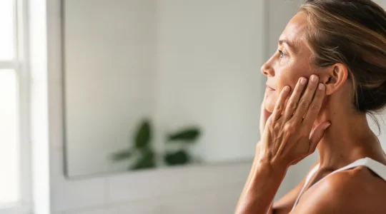 Femme pratiquant un exercice de face yoga devant un miroir pour remonter ses pommettes naturellement