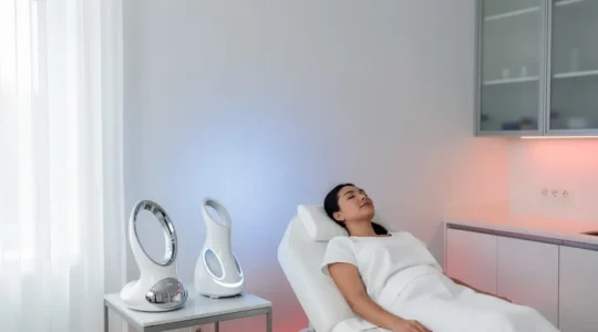 Femme en séance de traitement esthétique avec technologies avancées dans un environnement médical épuré