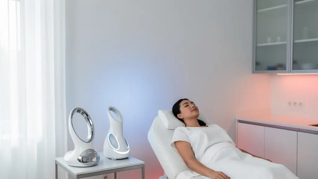 Femme en séance de traitement esthétique avec technologies avancées dans un environnement médical épuré