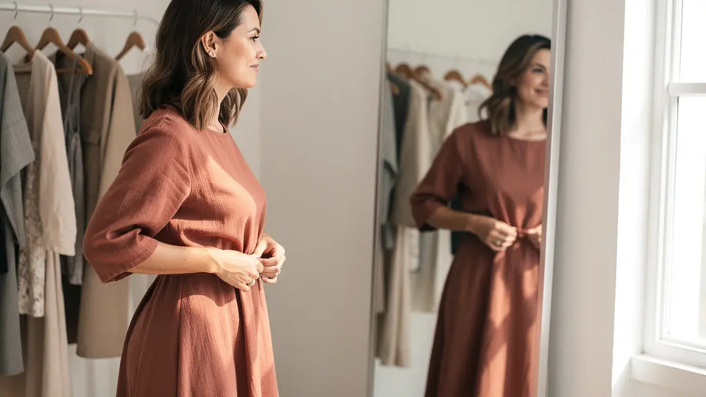 Femme souriante essayant une robe trapèze fluide devant un miroir dans un dressing lumineux