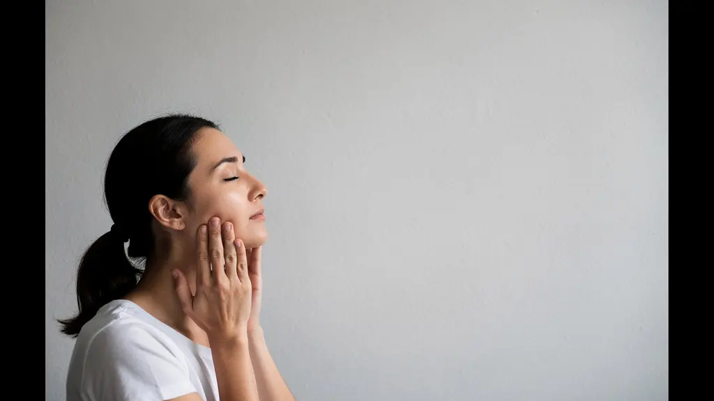 Femme les yeux fermés pratiquant une respiration profonde pendant un automassage du visage