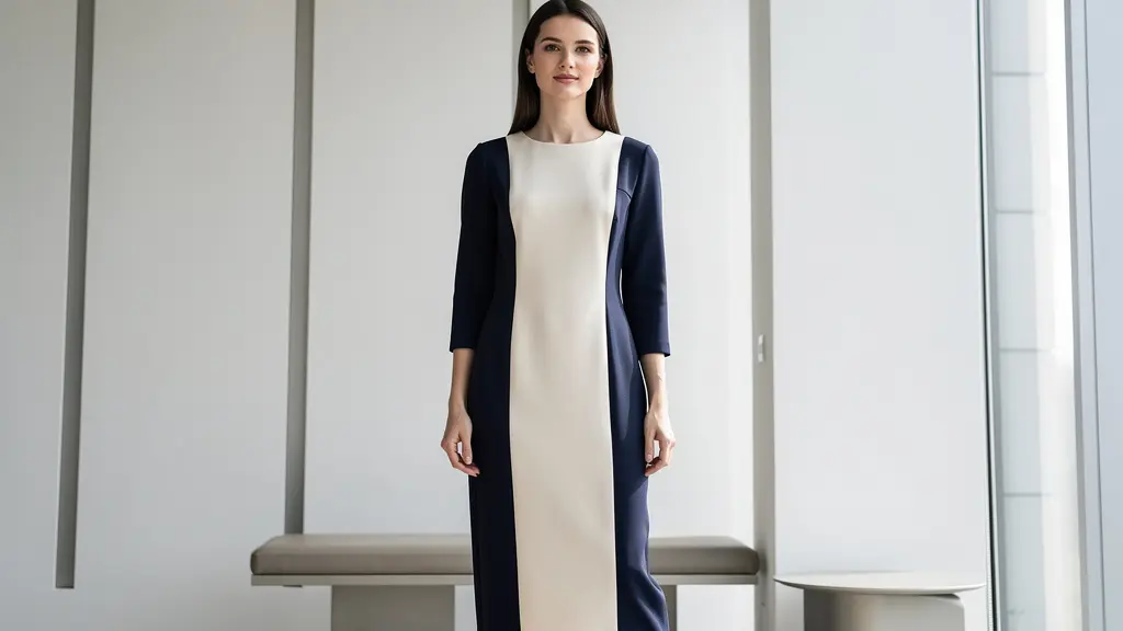 Femme portant une robe avec bandes verticales contrastées créant un effet affinant