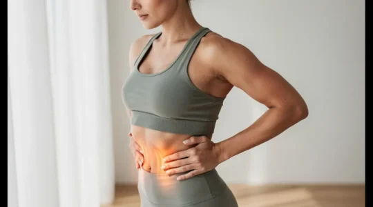 Femme pratiquant l'auto-massage sur ses hanches dans un environnement zen et lumineux