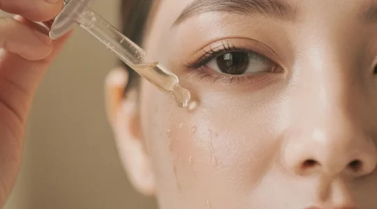 Visage féminin éclairé par lumière naturelle douce montrant un teint glass skin parfait