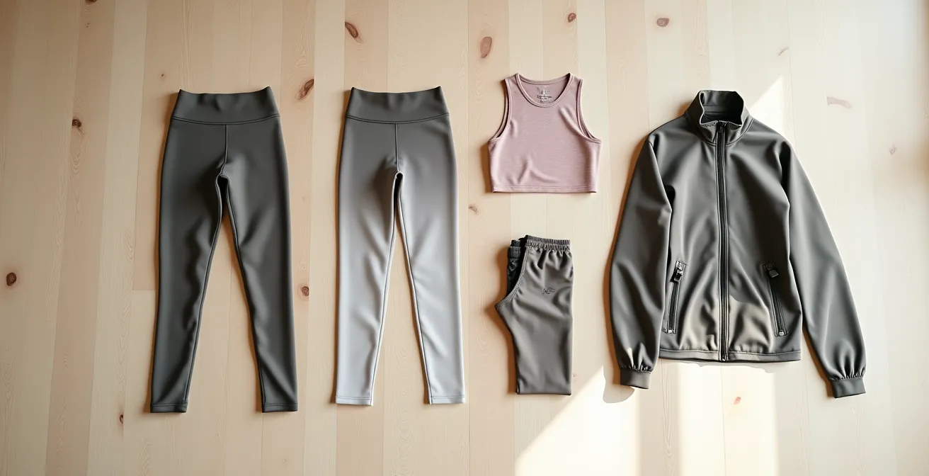 Vue aérienne minimaliste d'une collection capsule de vêtements de sport soigneusement arrangés