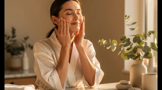Femme souriante effectuant un auto-massage facial drainant dans une ambiance spa, reflet de sérénité et de bien-être