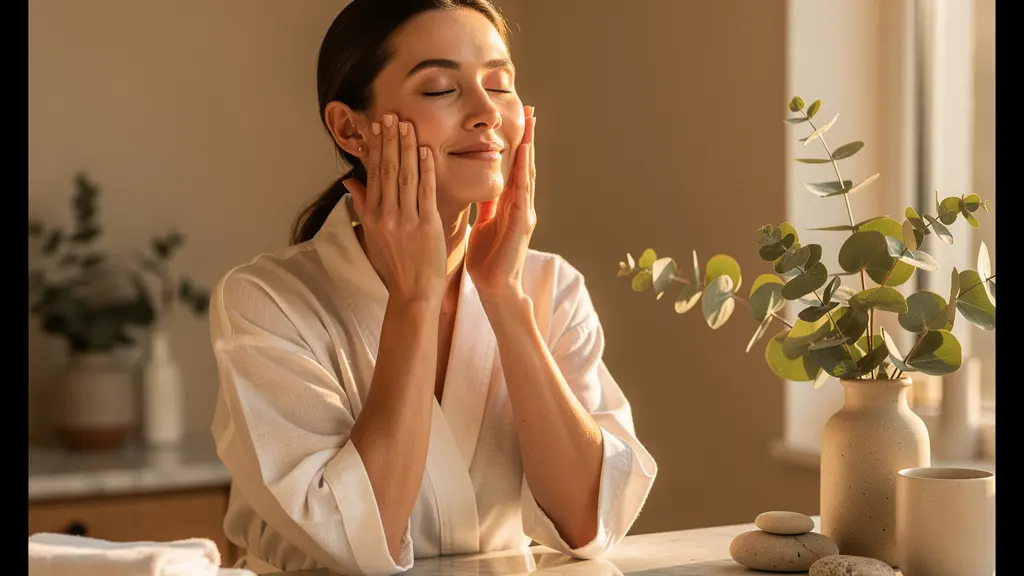 Femme souriante effectuant un auto-massage facial drainant dans une ambiance spa, reflet de sérénité et de bien-être