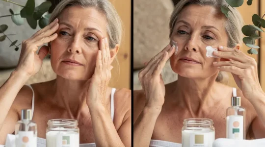 Femme mature testant une crème anti-rides et un massage facial dans un environnement spa naturel