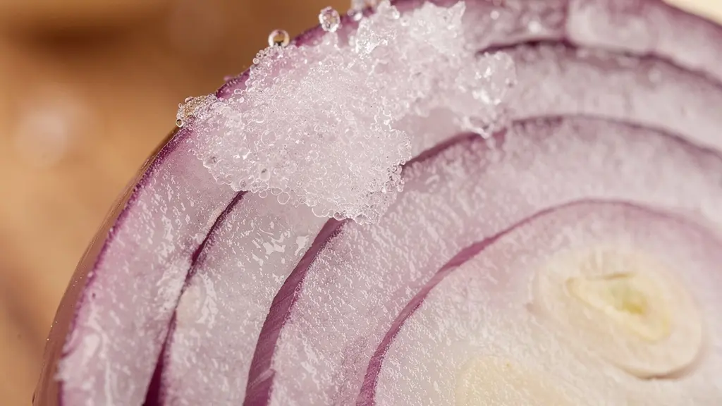 Gros plan macro sur la texture d'ail écrasé et d'oignon fraîchement coupé avec des composés soufrés visibles