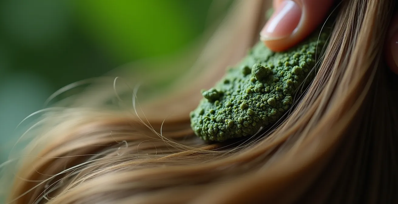 Texture crémeuse d'argile verte appliquée sur cheveux en gros plan macro