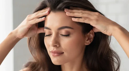 Femme pratiquant un massage crânien avec des mouvements circulaires pour stimuler la pousse des cheveux