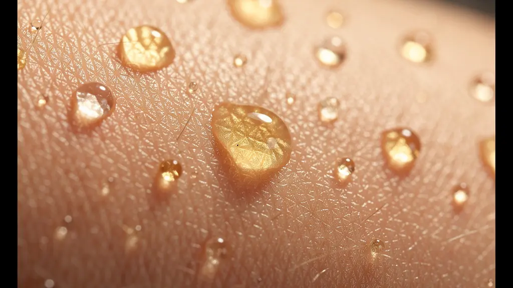 Vue macro de texture de peau hydratée avec reflets dorés suggérant la barrière lipidique