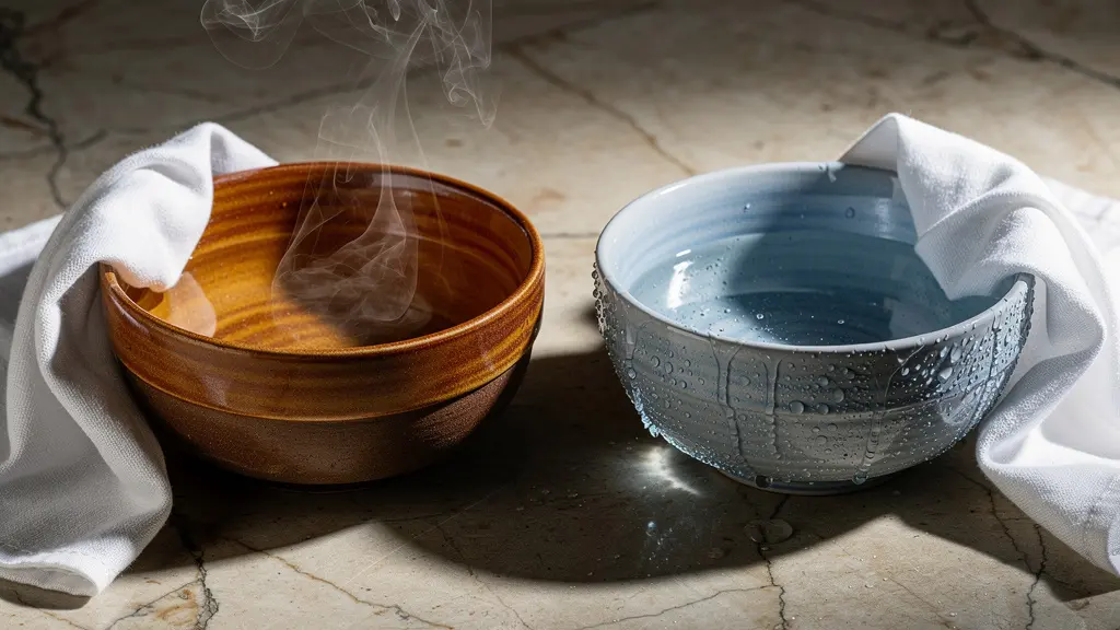 Illustration symbolique de la méthode Kneipp avec deux bols, l'un dégageant de la vapeur chaude, l'autre couvert de condensation froide.