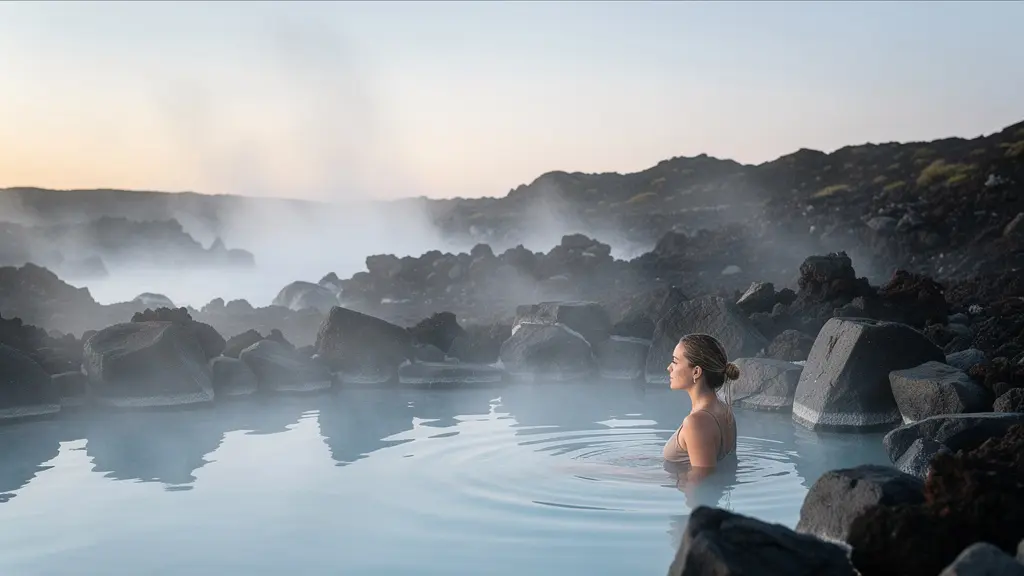 Vue panoramique d'une femme dans un bain thermal naturel, vapeur et pierres volcaniques