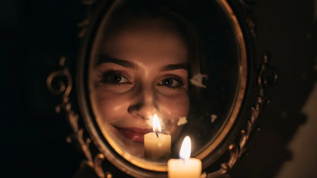 Reflet partiel d'un visage dans un miroir ancien avec éclairage à la bougie