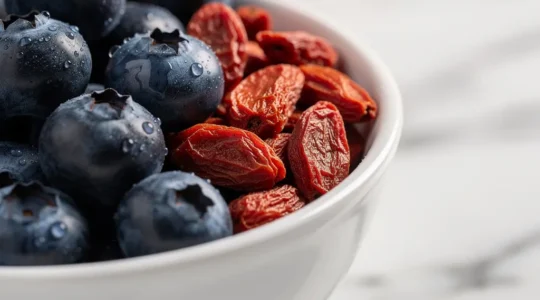 Bol de superaliments contenant myrtilles fraîches et baies de goji séchées disposés harmonieusement