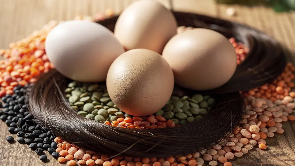 Composition artistique montrant des œufs frais et des lentilles colorées entrelacés avec des mèches de cheveux soyeux