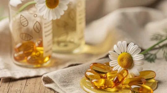 Gélules d'oméga-3 et huile de lin dorée avec fleurs de camomille sur fond épuré