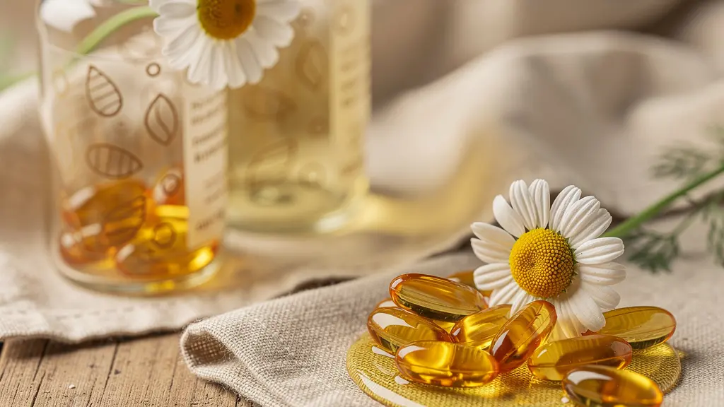 Gélules d'oméga-3 et huile de lin dorée avec fleurs de camomille sur fond épuré