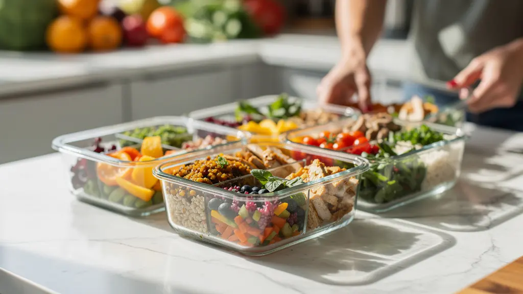 Organisation colorée de contenants en verre avec repas préparés pour la semaine