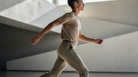 Personne en mouvement fluide avec une démarche souple et aérienne dans un espace lumineux