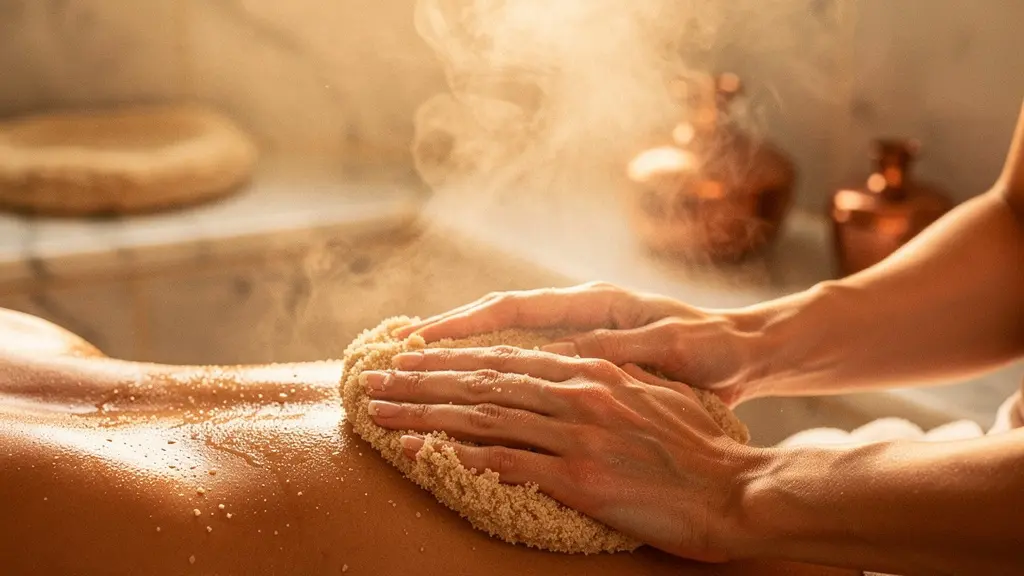Séquence visuelle illustrant les étapes clés d'un rituel spa : hammam, gommage et massage.