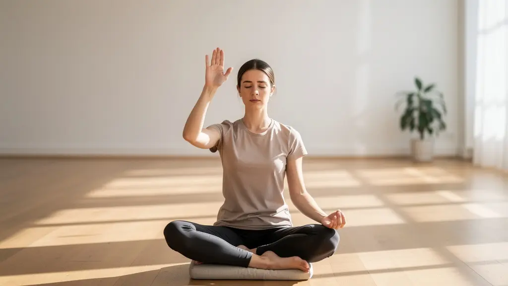Portrait en plan large d'une personne pratiquant la respiration alternée dans un espace épuré