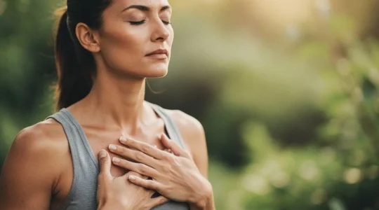 Femme pratiquant la respiration diaphragmatique avec les mains sur le ventre dans un environnement naturel apaisant