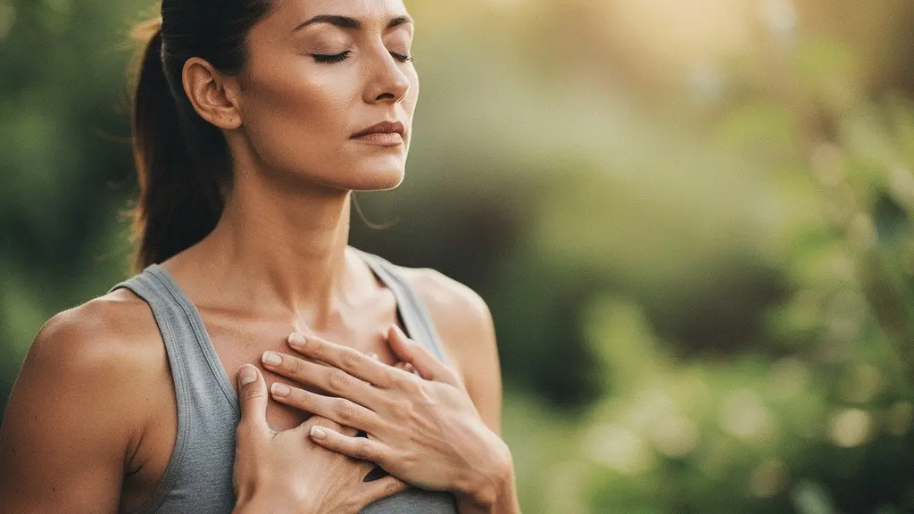 Femme pratiquant la respiration diaphragmatique avec les mains sur le ventre dans un environnement naturel apaisant