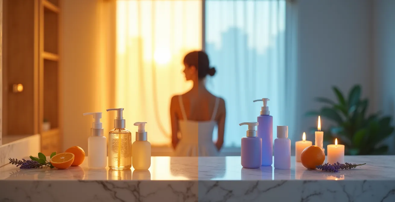 Dyptique montrant une routine beauté matinale énergisante et une routine du soir apaisante